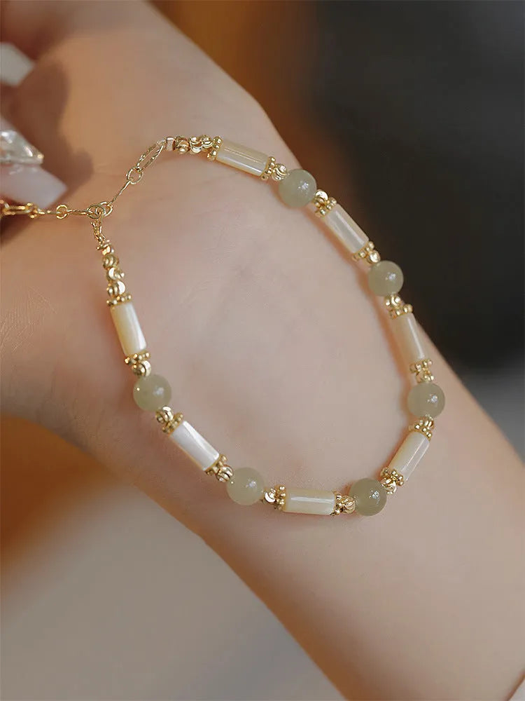 Women's bamboo joint bracelet with 6mm Hetian jade beads in jade or South Red colours