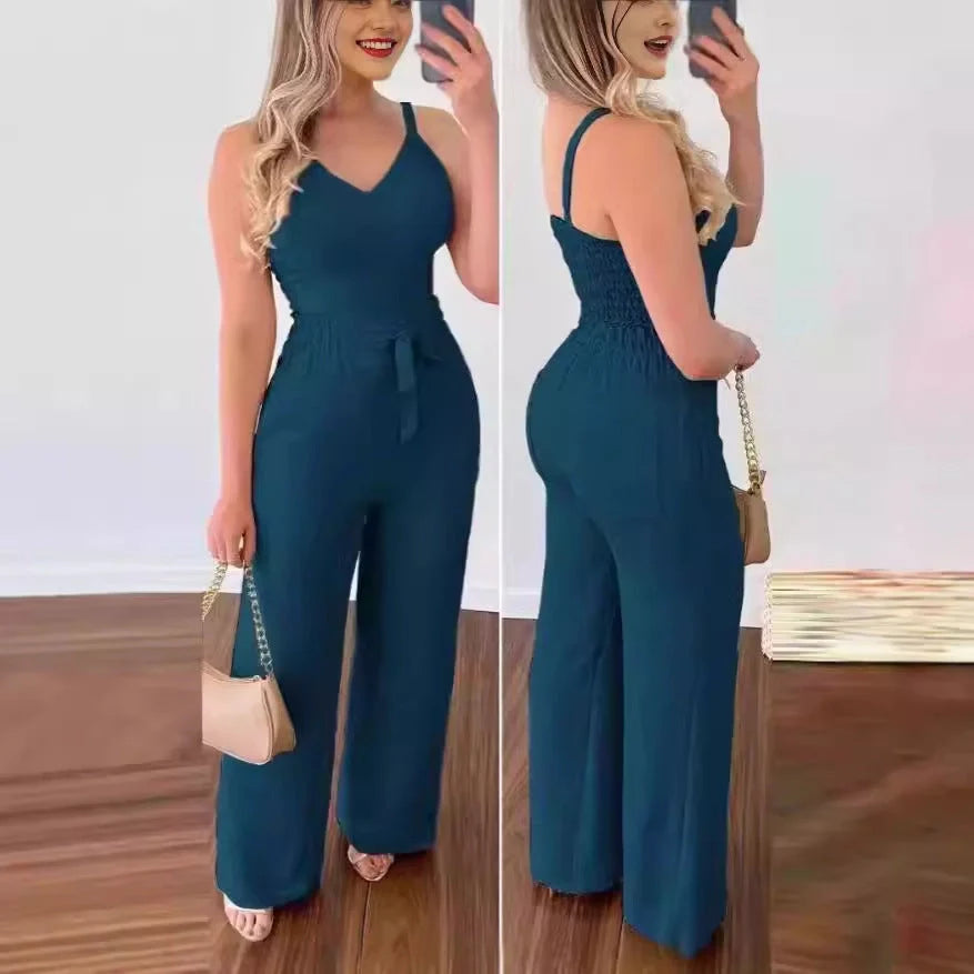 Women's elastic pleated two-piece suit with spaghetti straps and wide-leg pants in various colours