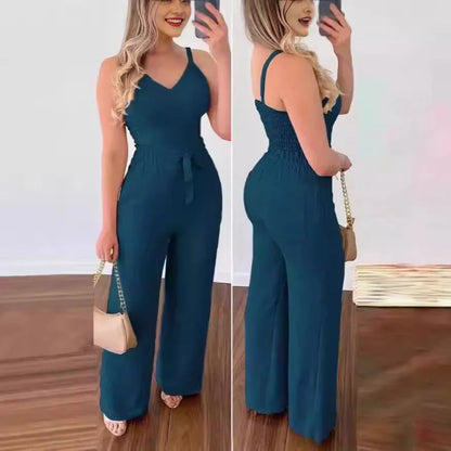 Women's elastic pleated two-piece suit with spaghetti straps and wide-leg pants in various colours