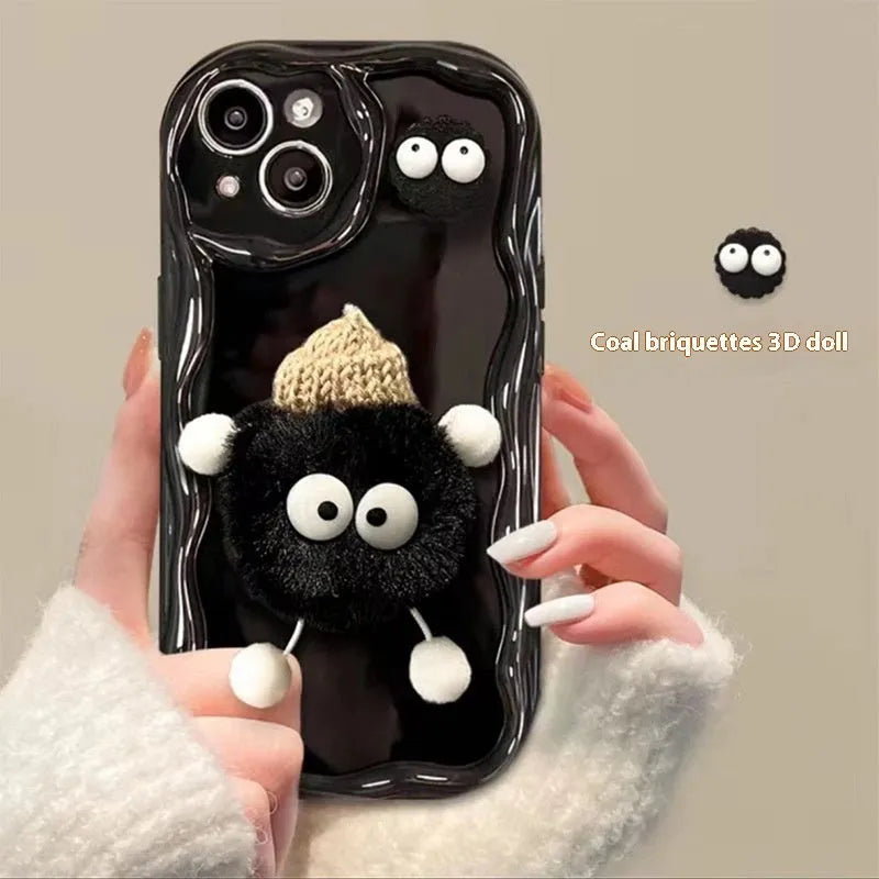 Cartoon cute plush hat doll TPU phone case for iPhone in cream shell-little devil fur ball beige style
