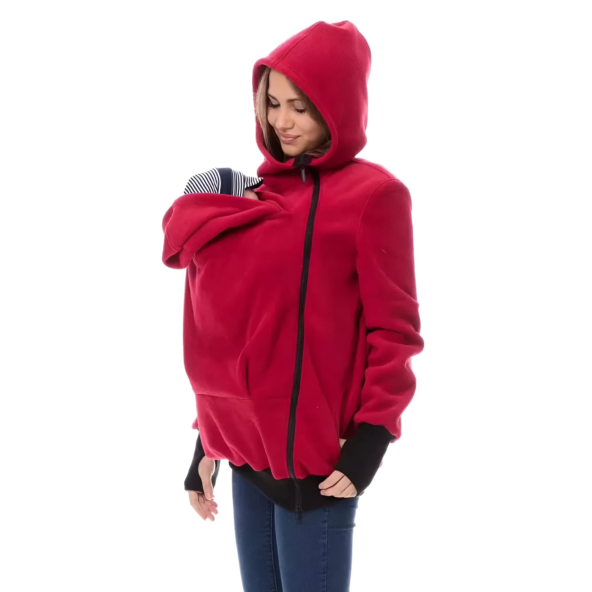 Red loose polar fleece sweater for women with long sleeves and spandex stretch fabric
