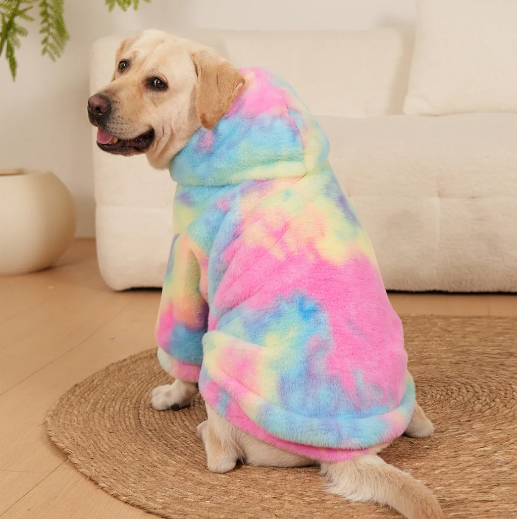 Multicolour tie-dyed cotton dog sweater with rainbow pattern and rabbit fur texture