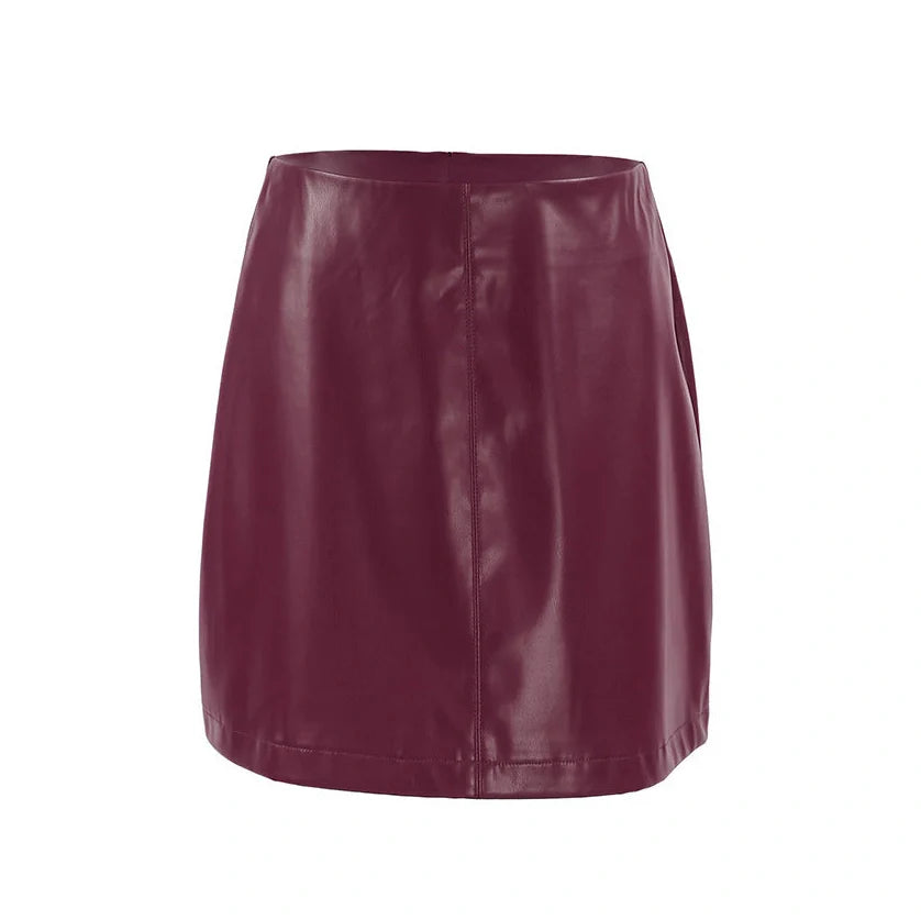 Wine red matte leather A-line skirt with concealed zipper and micro elastic waistband