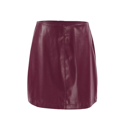 Wine red matte leather A-line skirt with concealed zipper and micro elastic waistband