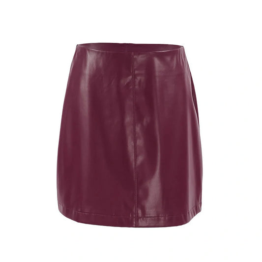 Wine red matte leather A-line skirt with concealed zipper and micro elastic waistband