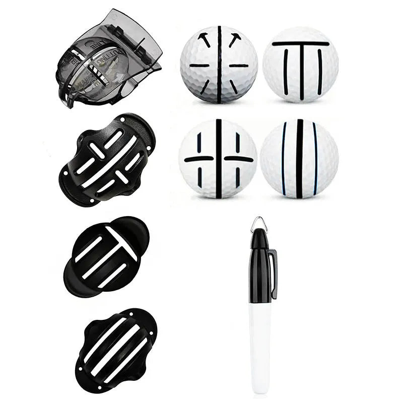 Golf putting alignment scriber tool and drawing pen set on a green background.