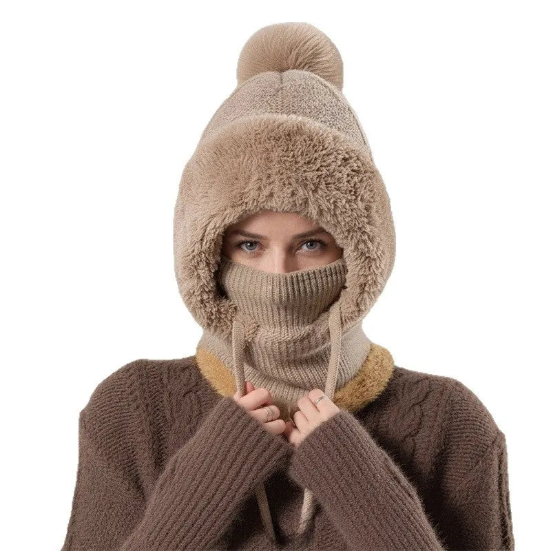 Women's fleece-lined knit hat with integrated scarf in black, high-top style for winter warmth and windproof protection