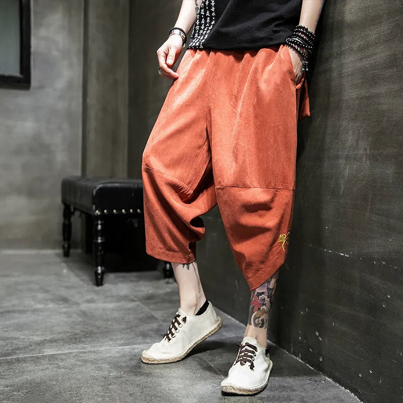 Casual ice silk harem pants in black, loose fit cropped length polyester fibre summer trousers for women