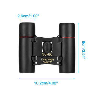 Compact 30x60 zoom binoculars with carry bag, ideal for outdoor adventures and events.