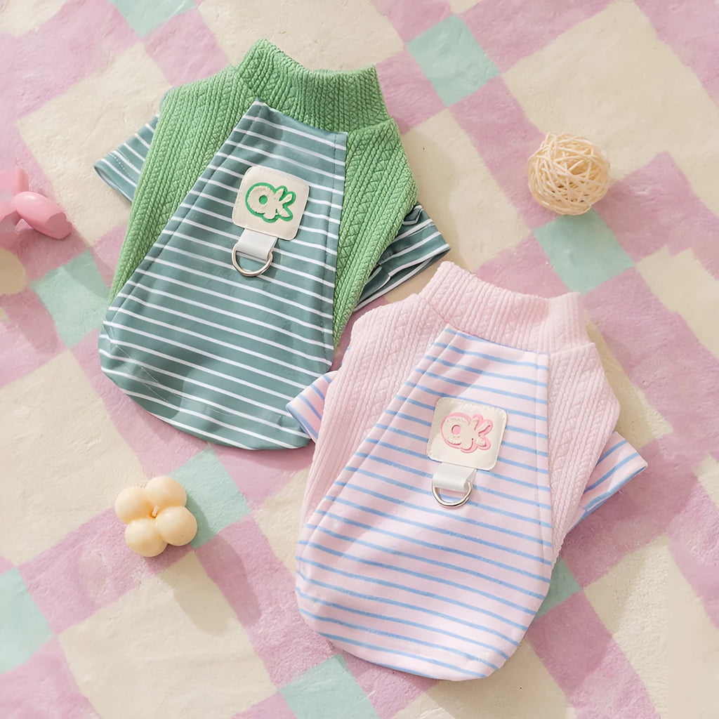 Cute striped knitted dog shirt with metal belt loop, pink and blue stripes style