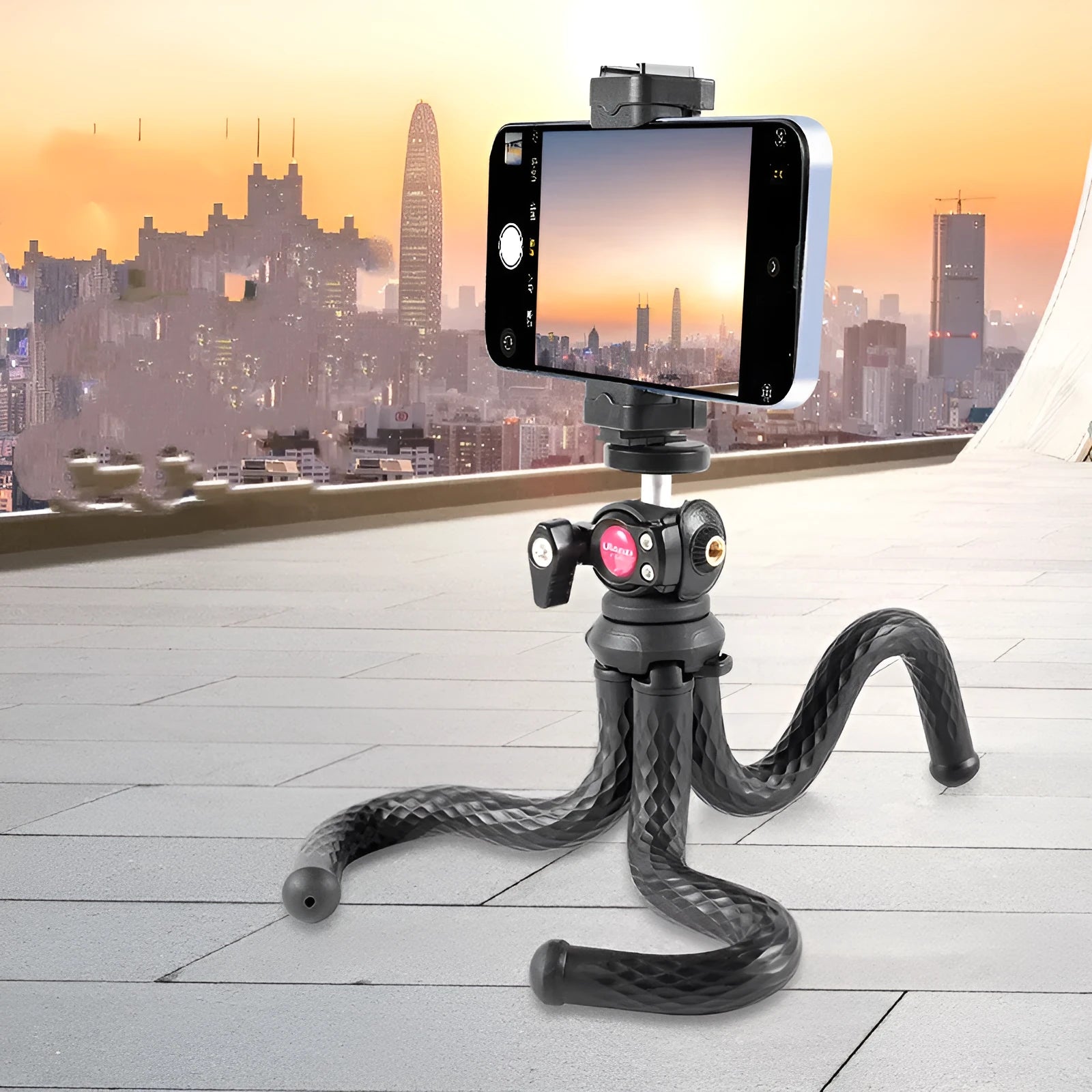 Black octopus leg mobile phone tripod extended to 360mm with adjustable phone clip