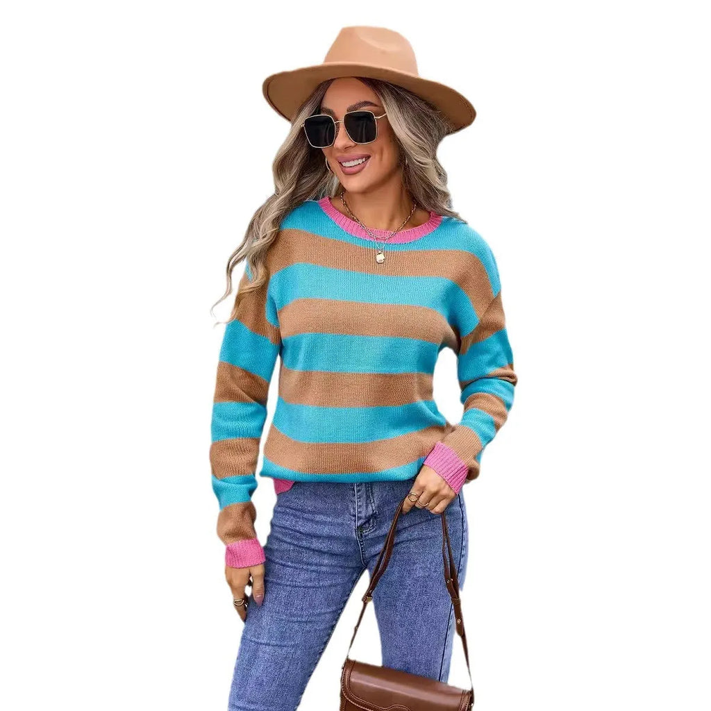Women's striped acrylic sweater in loose fit with long sleeves and round neck