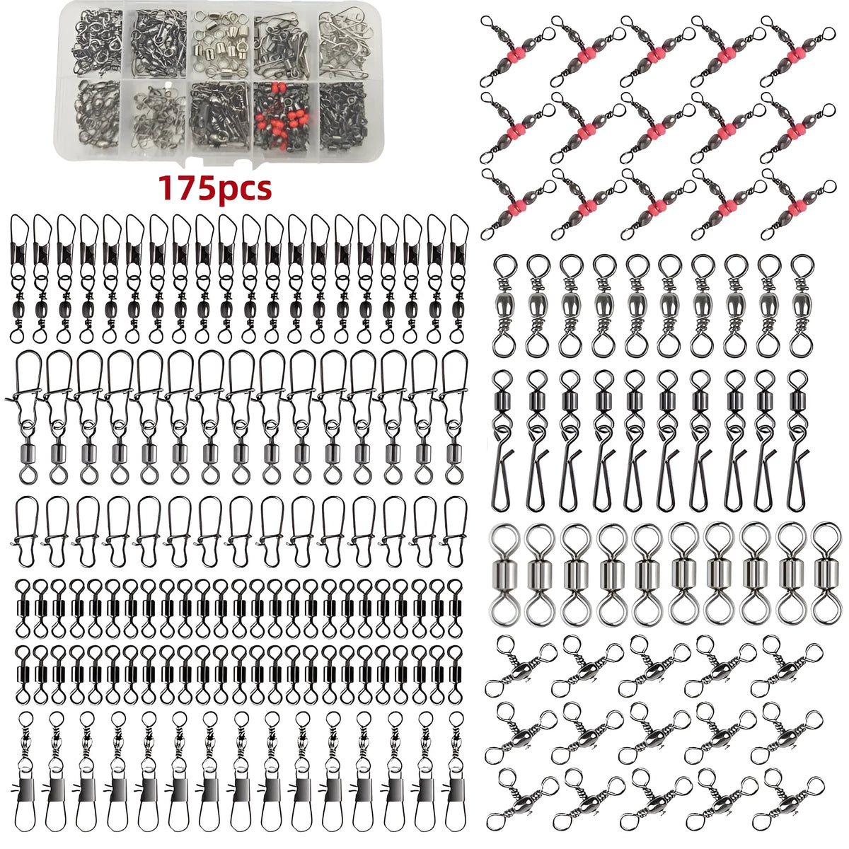 175 piece ball bearing fishing connector set in box for rig building and tackle organisation