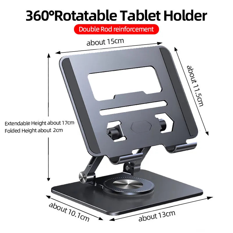 Folding tablet stand with 360-degree rotation in transparent colour on a desk
