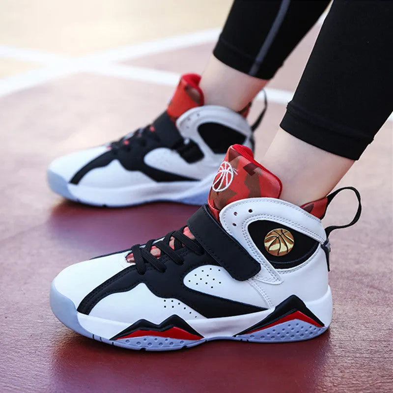 Boys artificial leather running shoes in white and red colourway, sizes 27-37 for elementary school