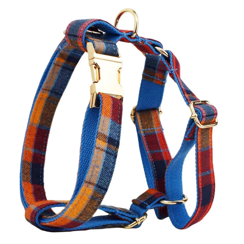 Four-piece dog accessory set with fabric collar, matching lead, decorative bow tie, and coordinating vest