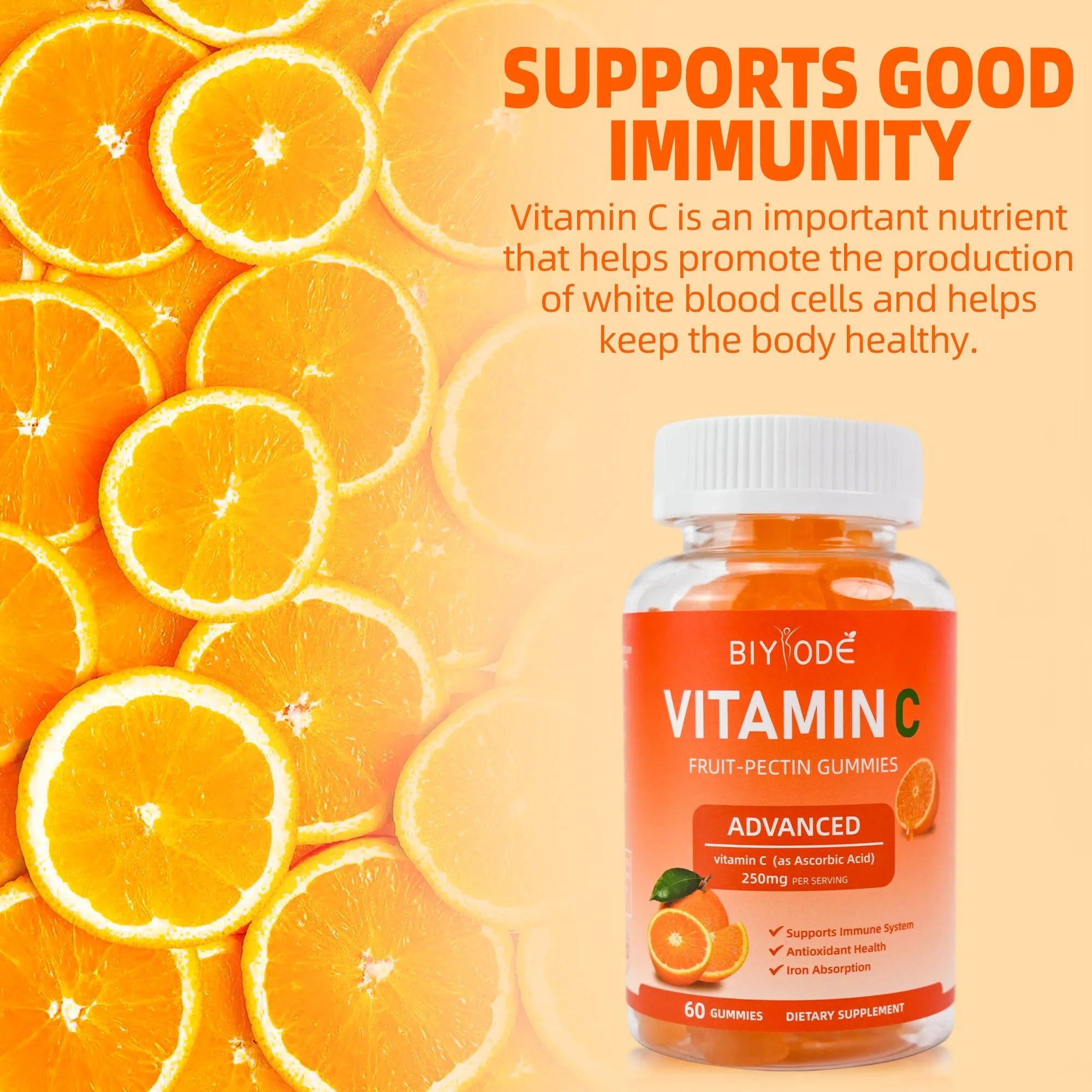 Vitamin C gummies in a bottle, vegan sugar-free immune support supplement, 60 gummies per container