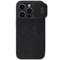 Black imitation leather flip phone case for iPhone Pro models shown open.