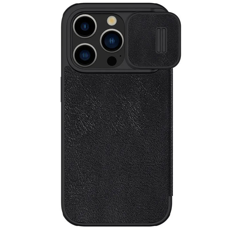 Black imitation leather flip phone case for iPhone Pro models shown open.