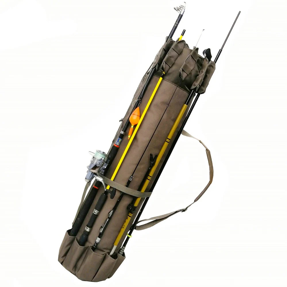 Black cylindrical fishing bag showing 116cm length and 23.5cm diameter with fishing rod storage