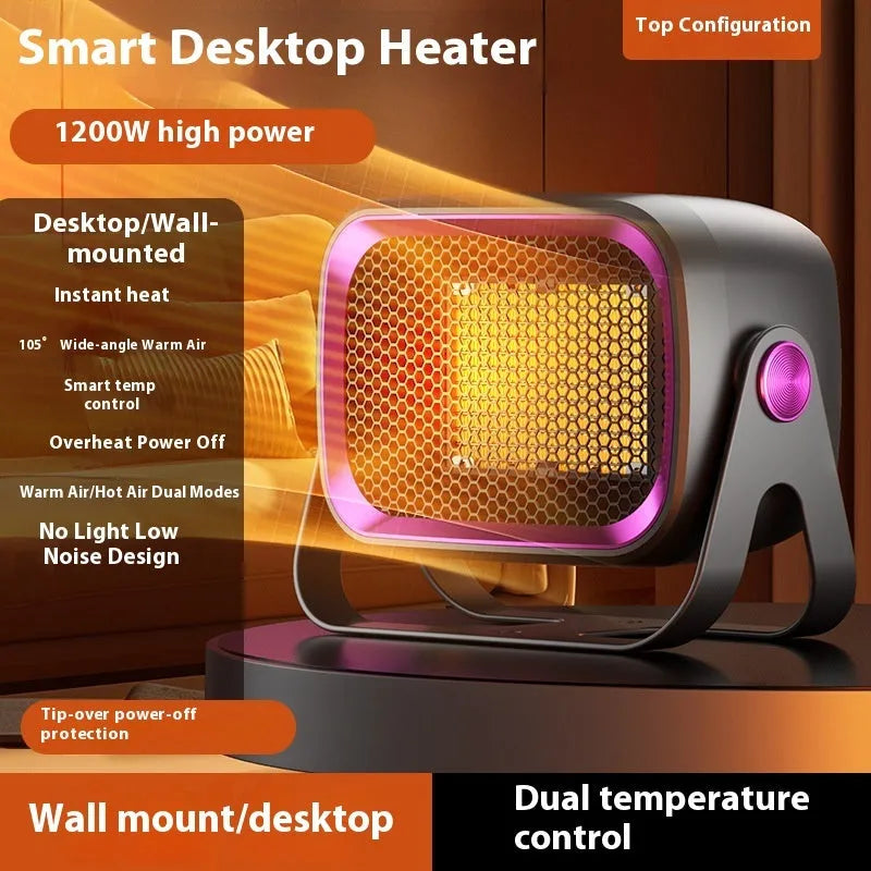 White PTC ceramic desktop heater with rotating base and push-button controls