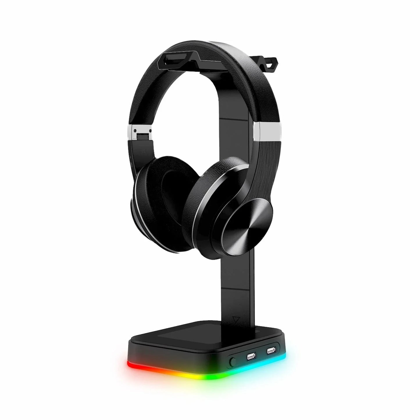 Sleek RGB headphone stand with power strip and charging ports for organized and customizable gaming setup