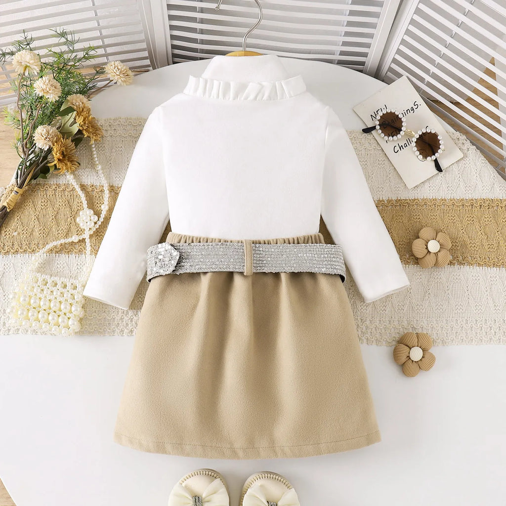 Girls set bow print long sleeve maxi dress in apricot with cotton fabric and long sleeves