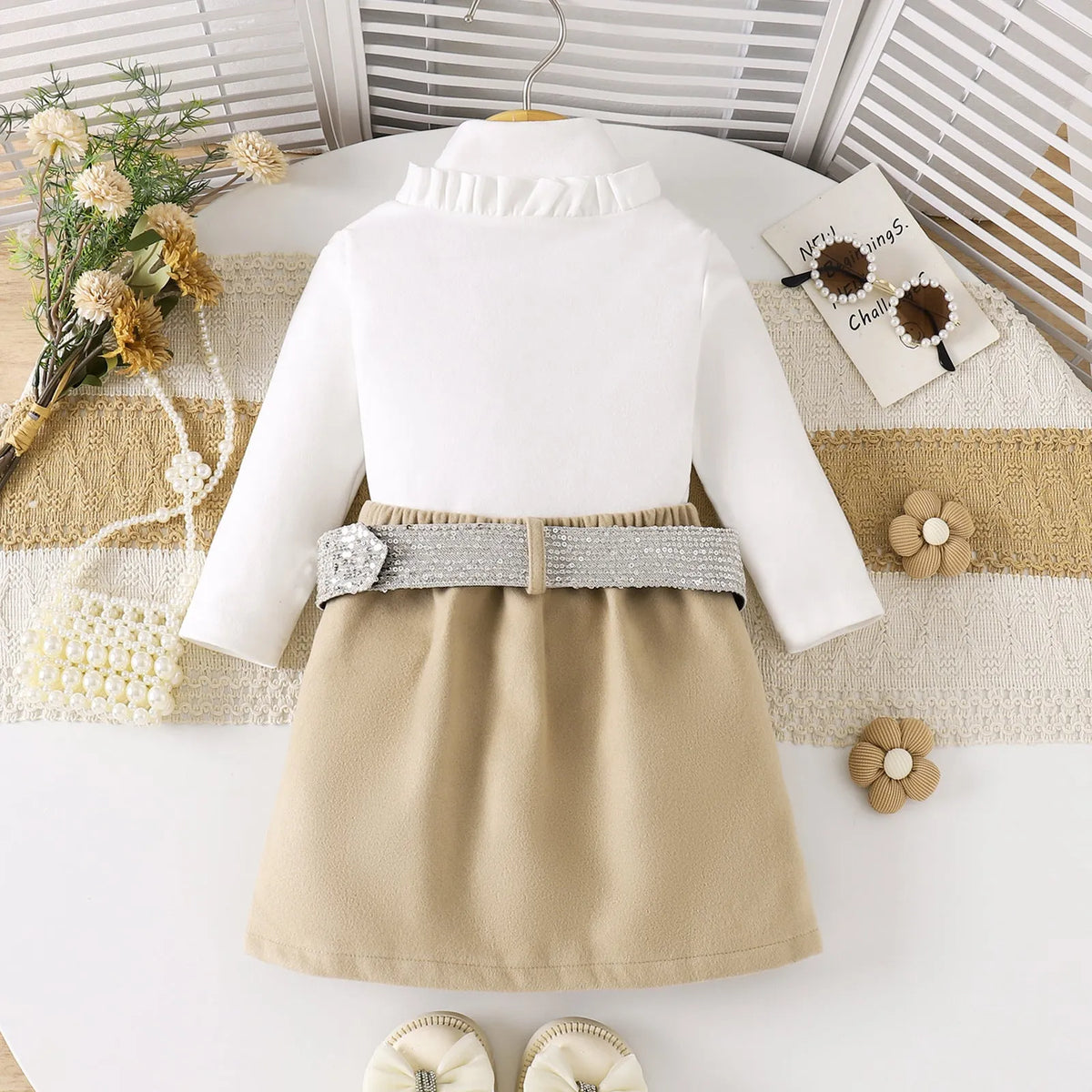 Girls set bow print long sleeve maxi dress in apricot with cotton fabric and long sleeves