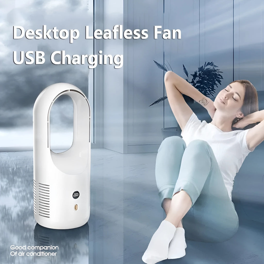 A compact white bladeless desk fan with an LED display, showing its dimensions and safe, blade-free air outlet.