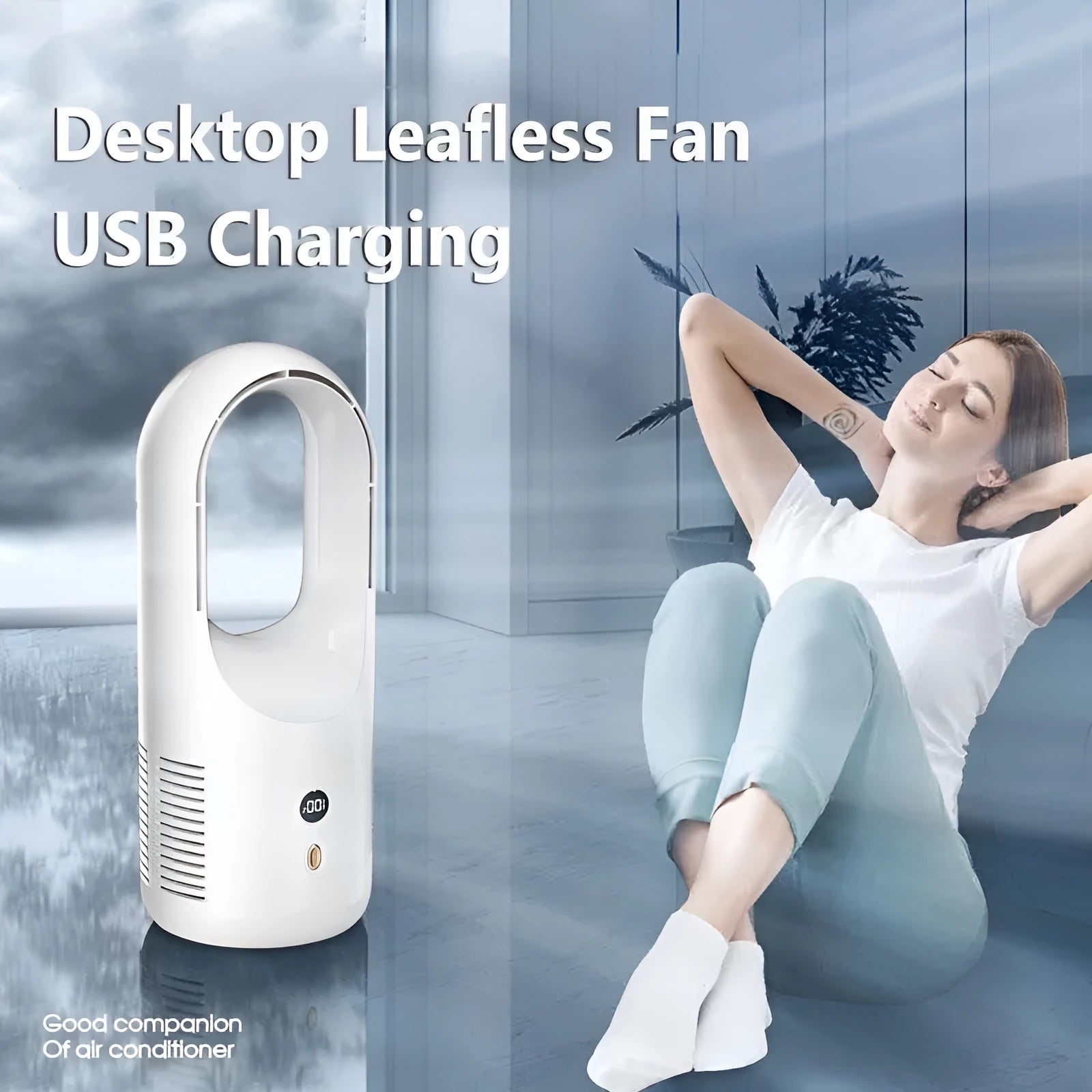 A compact white bladeless desk fan with an LED display, showing its dimensions and safe, blade-free air outlet.