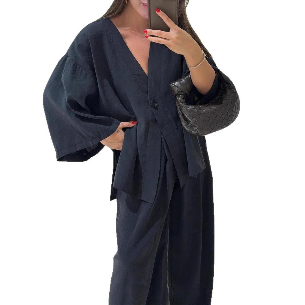 Women's solid colour polyester cardigan top and trousers set with zipper and button detail, long sleeves, commute style, available in six colours