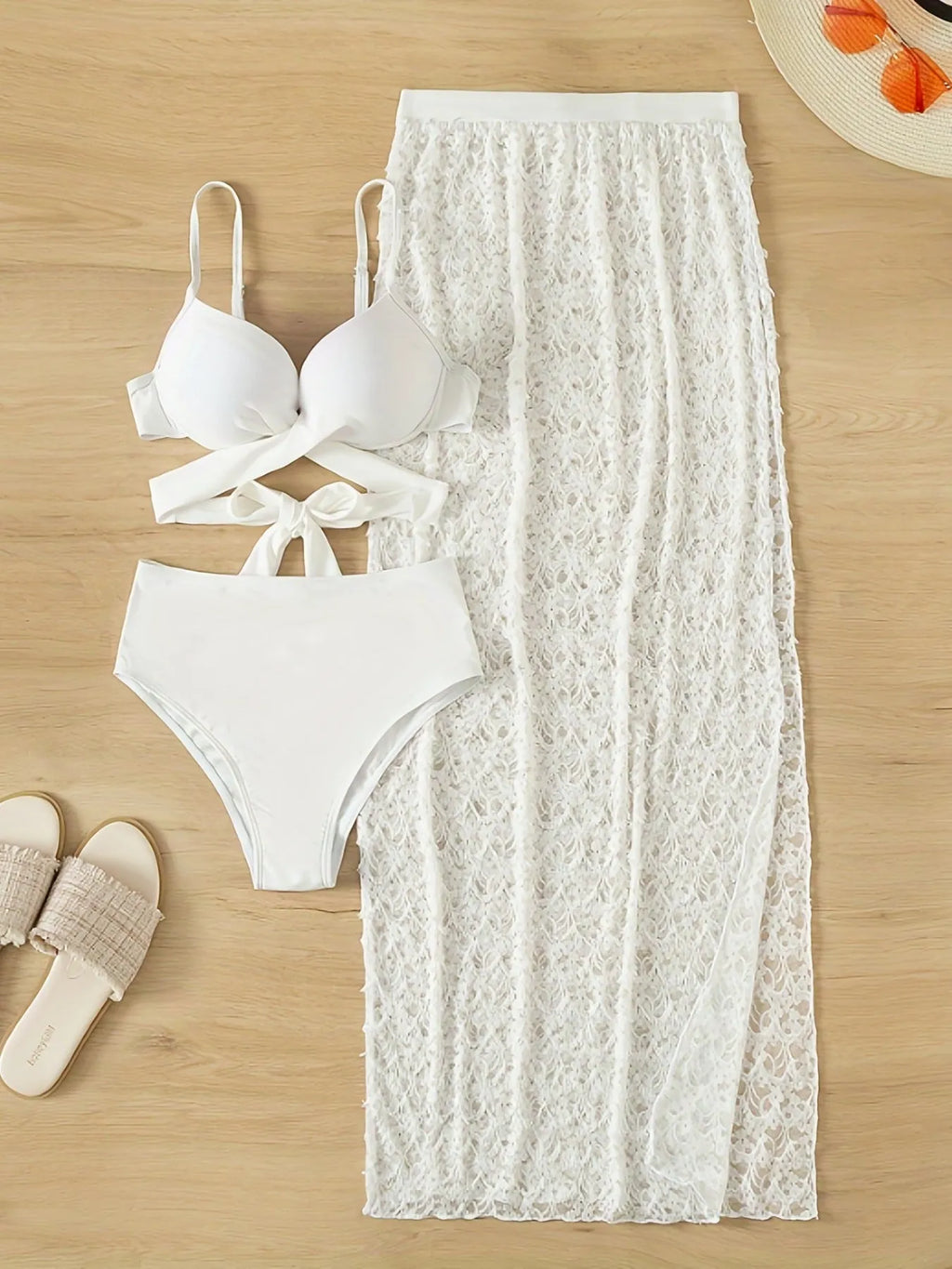 White three-piece swimsuit set with gathered long skirt, top, and briefs for swimming sports