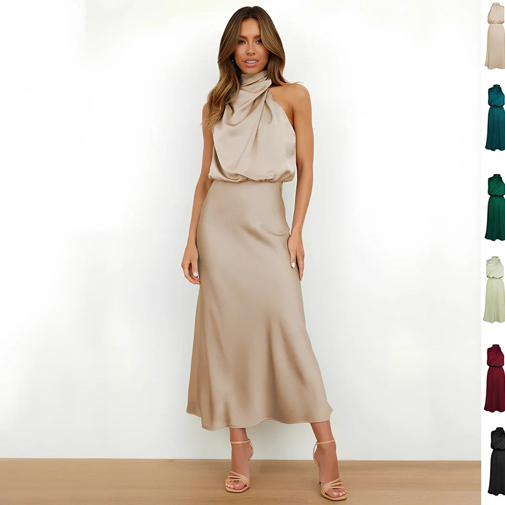 Sleeveless polyester dress in navy blue, 125.8cm length size L, bust 103cm for women's evening parties