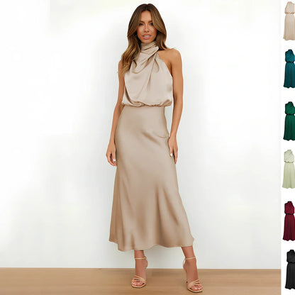 Sleeveless polyester dress in navy blue, 125.8cm length size L, bust 103cm for women's evening parties