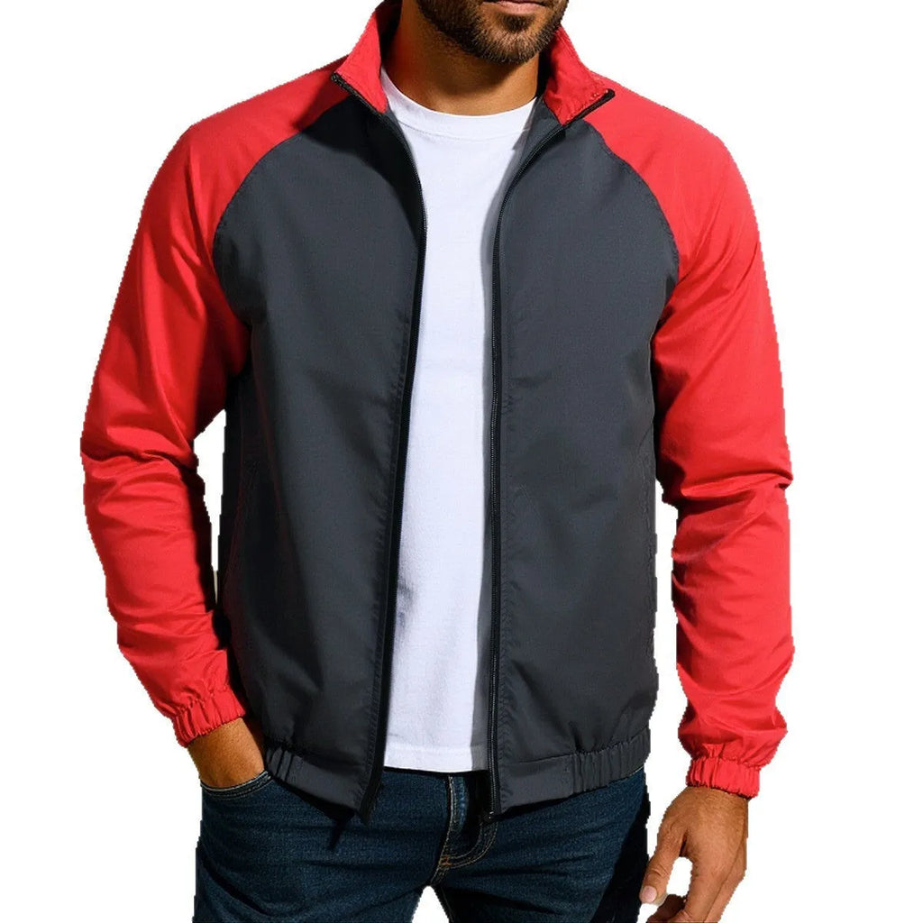 Men's green loose-fit casual jacket with stand collar and raglan sleeves