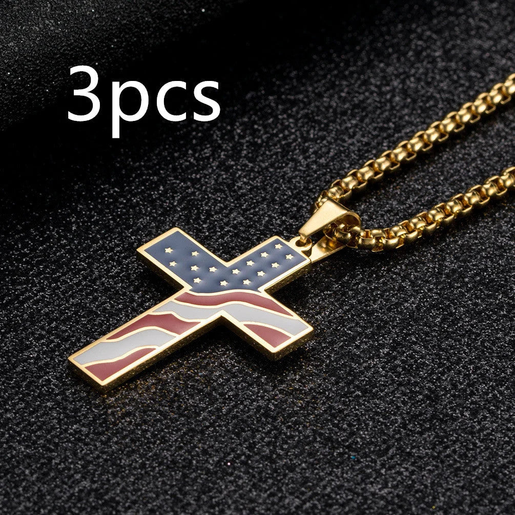 Men's stainless steel flag cross necklace in Black, Gold, and Silver options