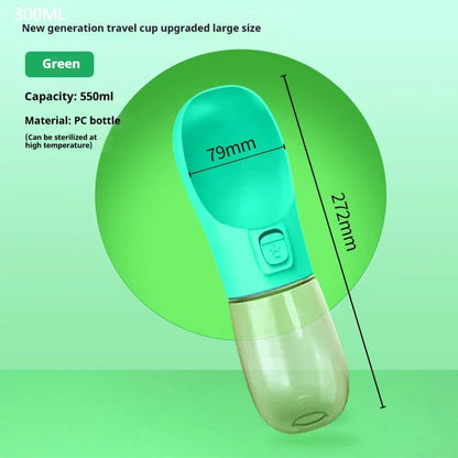 Portable Dog Water Bottle Feeder for outdoor adventures, available in blue, pink, green, and grey.