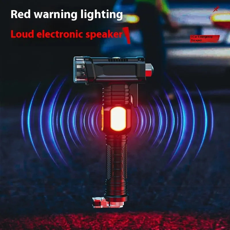 16-function automobile safety hammer flashlight with red warning light and power bank, ABS construction, 1800mAh battery