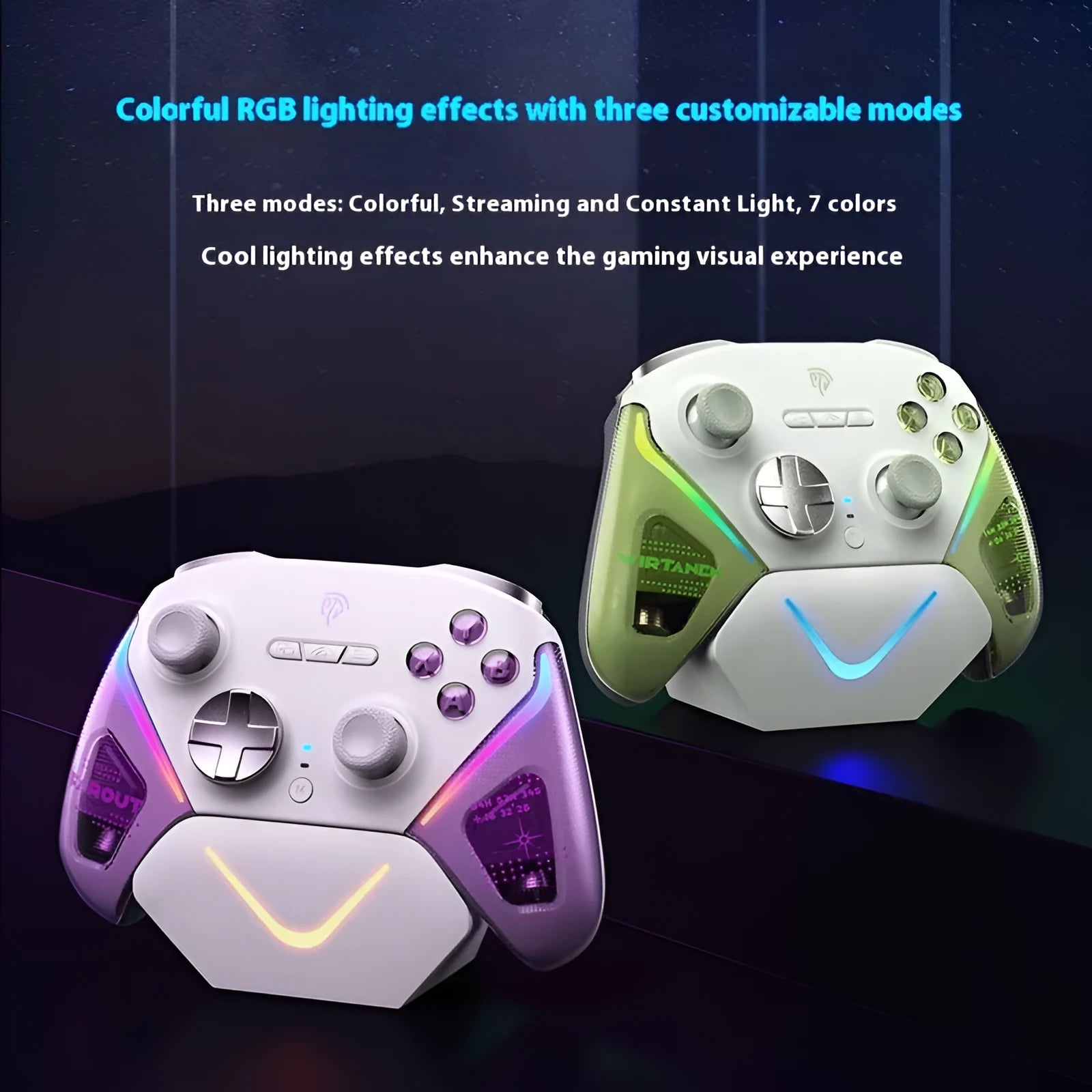 Game controller on charging base with type-C cable, available in black, green, or purple colours