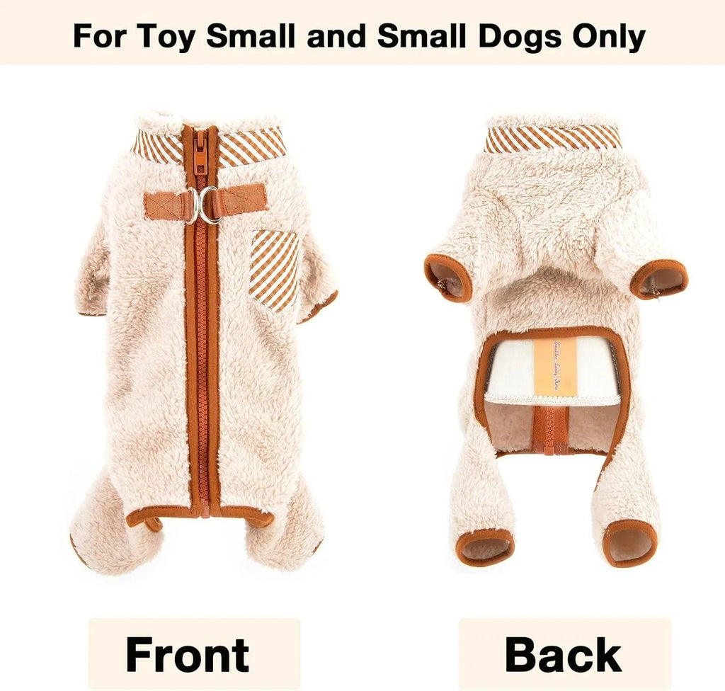Green plush fleece dog jumpsuit on a small dog, showing zipper back and leg coverage.