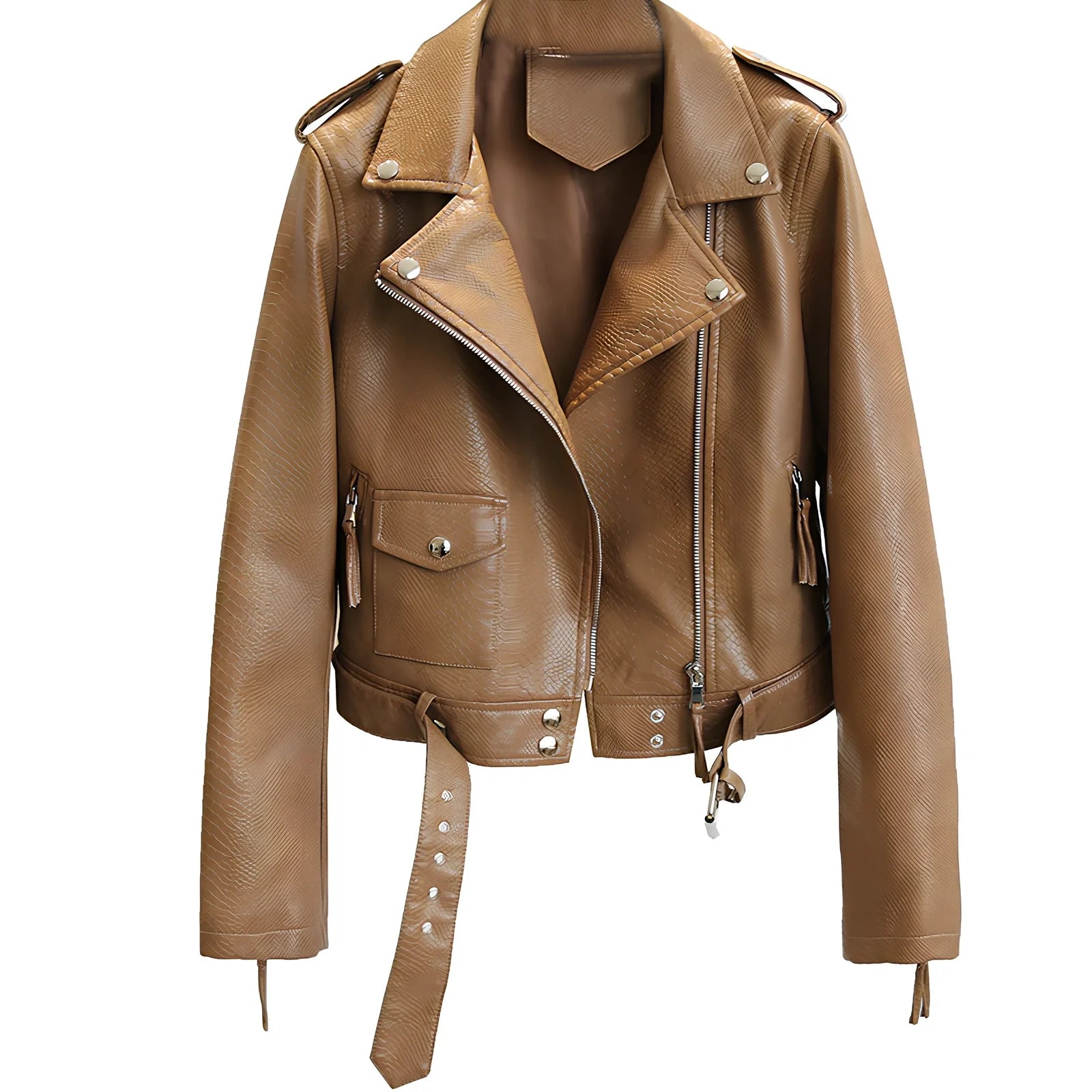 Women's short black imitation leather jacket with lapel collar and belt, 50cm length, S-XL sizes for spring autumn