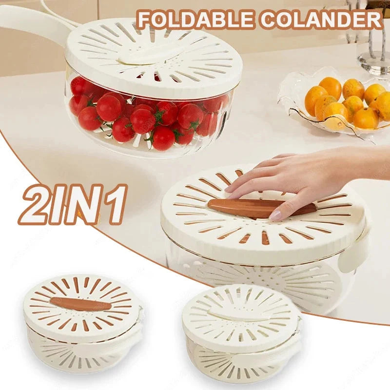 Foldable handle fruit drain basket with lid for efficient vegetable washing