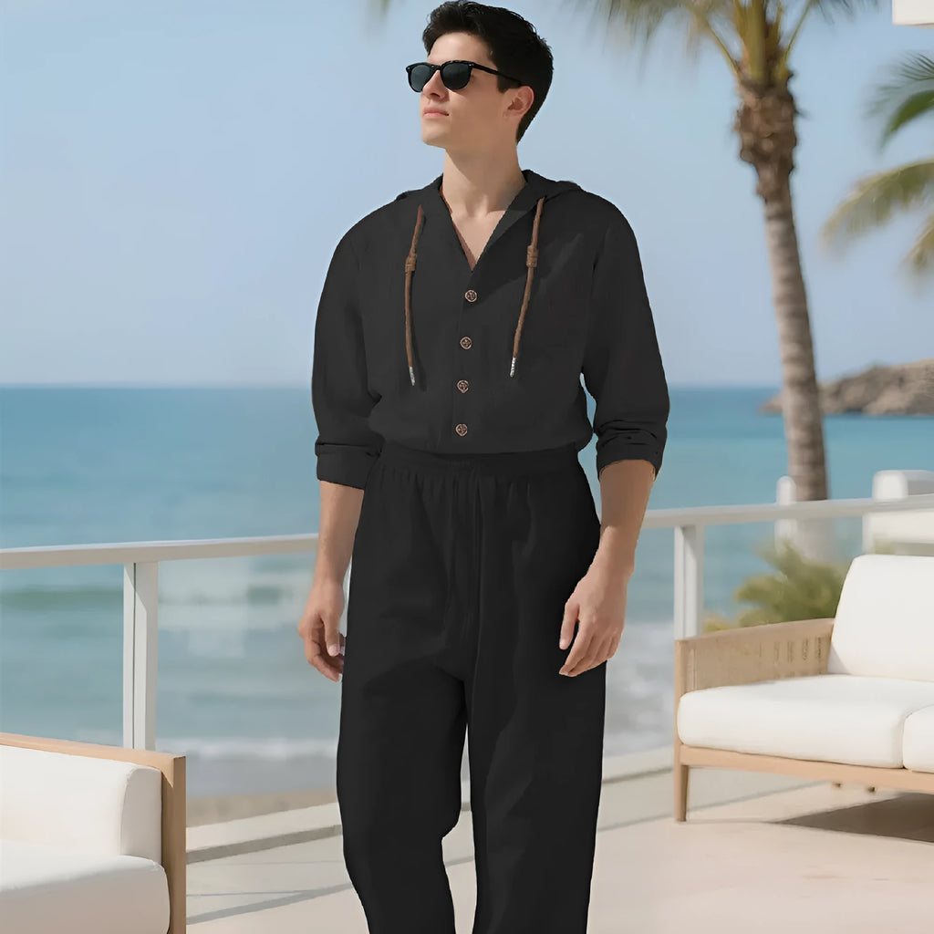 Men's casual cotton two-piece sports leisure suit in black, shown on a hanger.