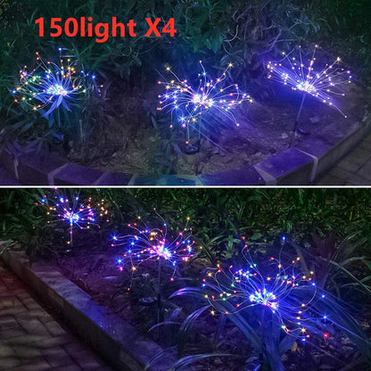 Solar-powered string lights with fireworks-inspired lighting effects, perfect for outdoor gardens, patios, and parties