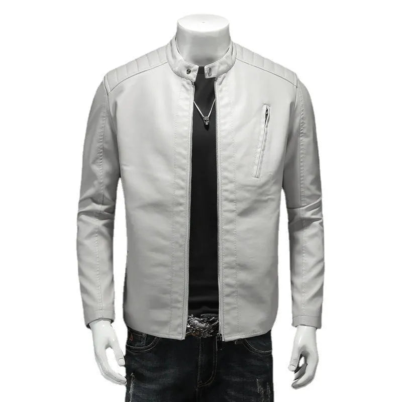 Men's plus size PU leather jacket with stand collar and zipper pockets in black, front view
