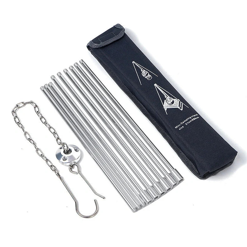Silver aluminium camping tripod with hanging chain for outdoor barbecue cooking