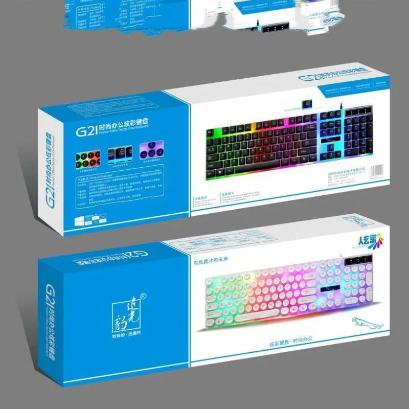 White waterproof gaming keyboard with RGB backlight showing 104 plastic keys and USB cable