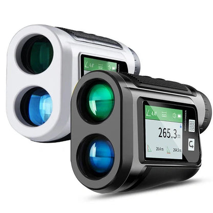 Black and white golf laser rangefinder with touch screen display showing distance measurement