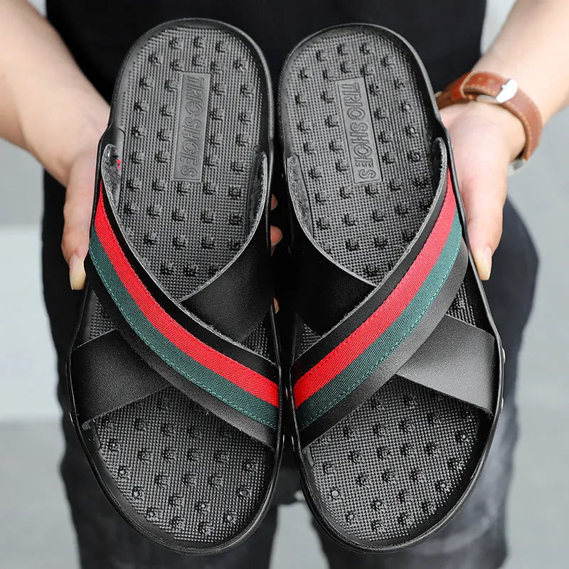 Men's leather flip-flops in black, white or blue with PU sole and wide size range