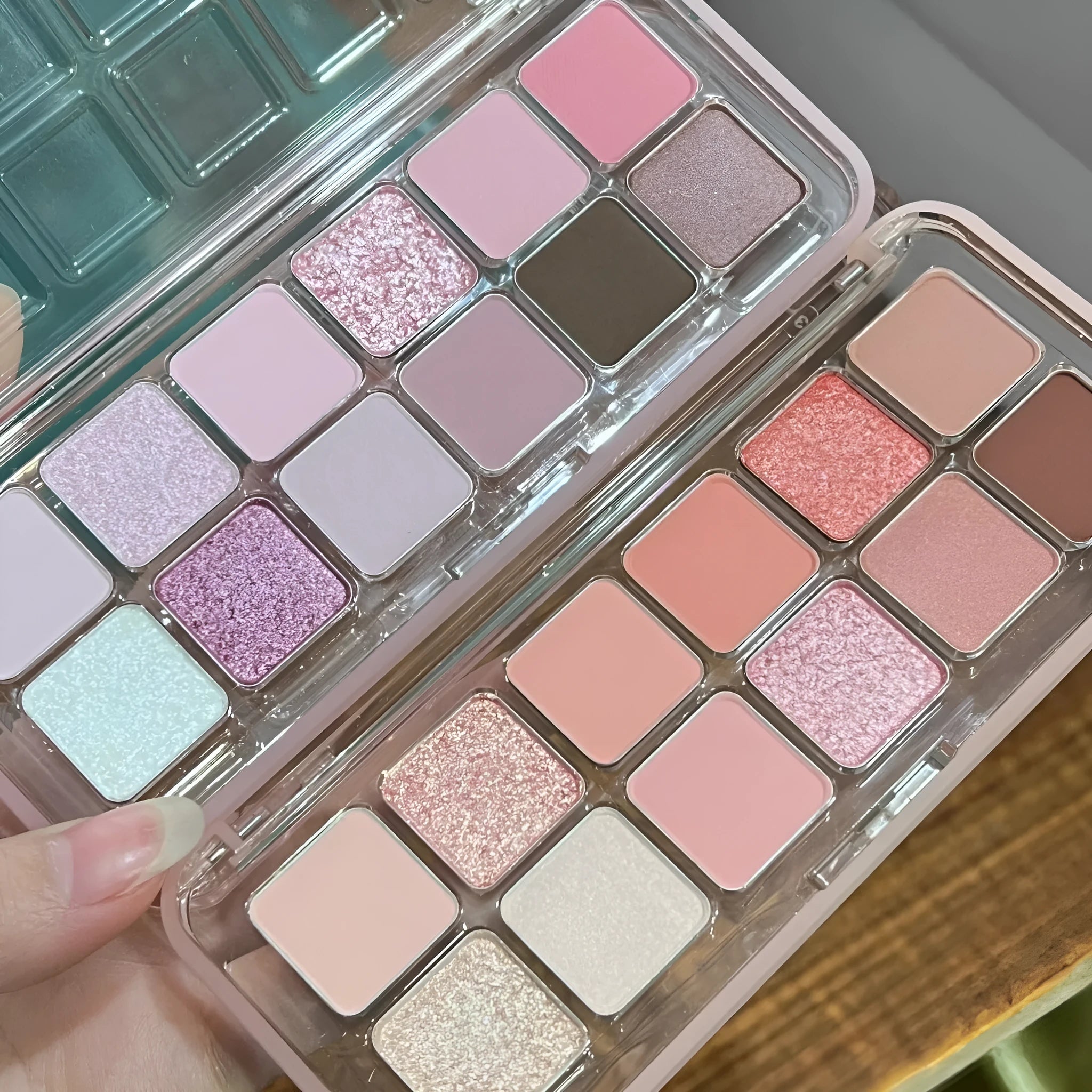 Creative Home 12-colour eyeshadow palette showing Peach Apple and Cherry Plum powder eyeshadows